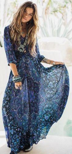 Boho Maxi Dress Navy Blue Floral \